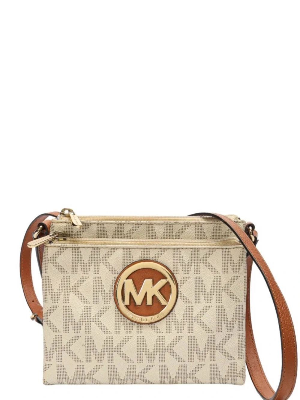 Michael Kors Beige Signature Crossbody with Brown Trim and Gold MK Emblem